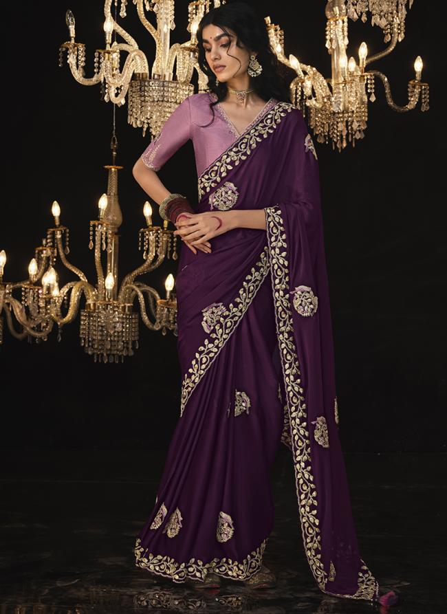 Tissue Silk Purple Party Wear Embroidery Work Saree